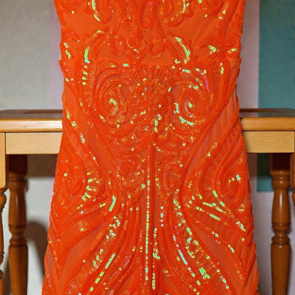 B Darlin Bright Orange Sequin Dress - Picture 3 of 5